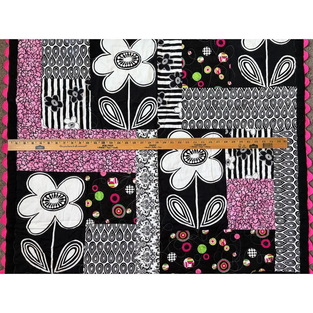 Handmade Double Sided Pink Black & White Patchwork Crib Baby Quilt 39